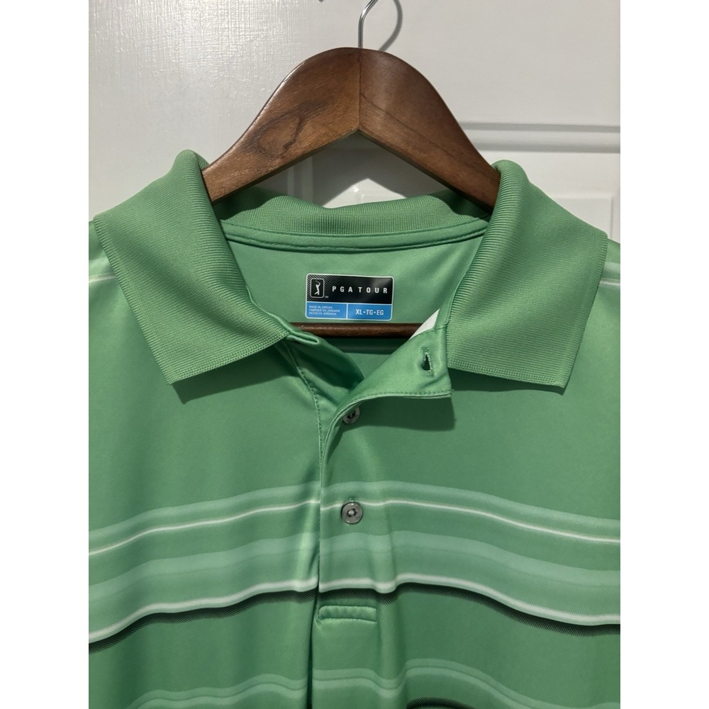 PGA TOUR Golf Polo Men's Green XL Black & White Stripe Shirt Short Sleeve Logo‎